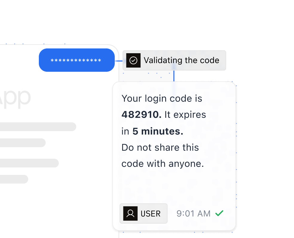 A login attempt producing a one-time code that expires in five minutes
